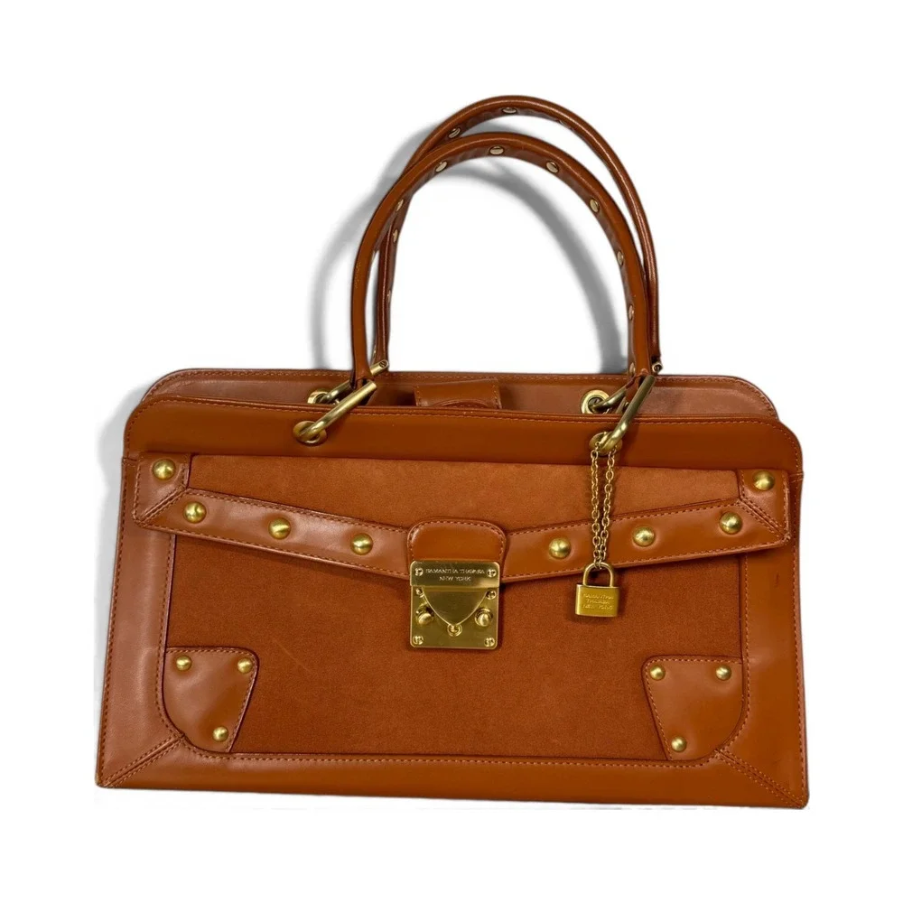Samantha Thavasa New York Cognac Leather Suede Studded Satchel Handbag *FLAW